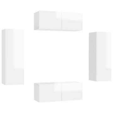 4 Piece High Gloss White TV Cabinet Set | Hipomarket