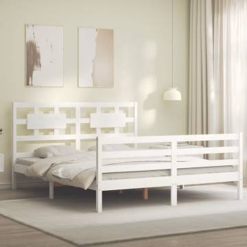 King Size White Bed Frame with Headboard - Solid Pine Wood