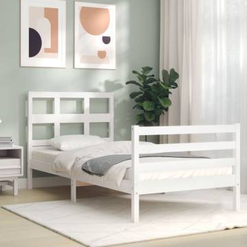 Stylish White Single Bed Frame with Headboard - Solid Wood