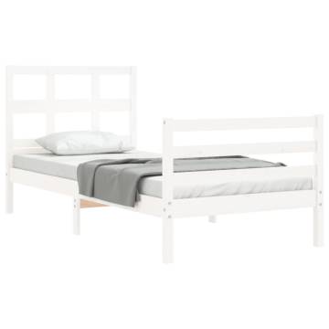 Stylish White Single Bed Frame with Headboard - Solid Wood