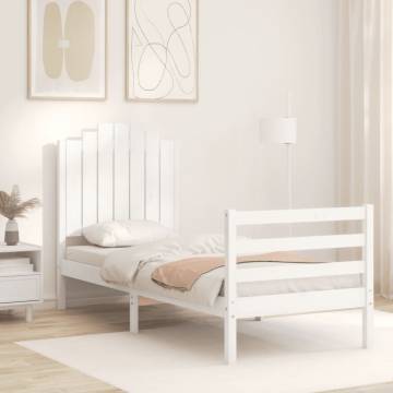 White Small Single Bed Frame with Headboard - Solid Wood