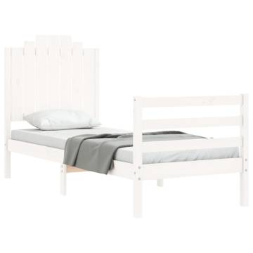 White Small Single Bed Frame with Headboard - Solid Wood