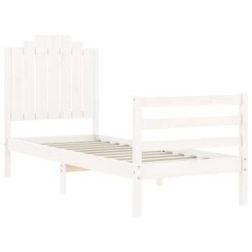 White Small Single Bed Frame with Headboard - Solid Wood