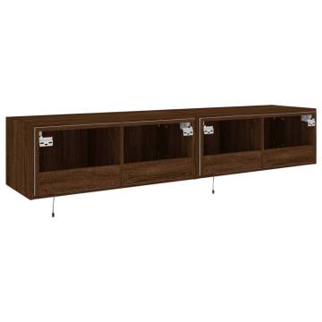 Brown Oak TV Wall Cabinets with LED Lights - 2 pcs | Hipo Market