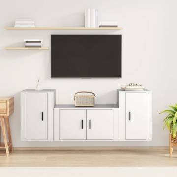 3 Piece White Engineered Wood TV Cabinet Set - Stylish and Space-Savin