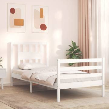 White Single Solid Wood Bed Frame with Headboard - HipoMarket