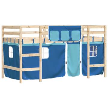 Kids' Loft Bed with Blue Curtains - Solid Pine Wood 80x200cm