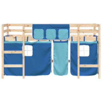 Kids' Loft Bed with Blue Curtains - Solid Pine Wood 80x200cm