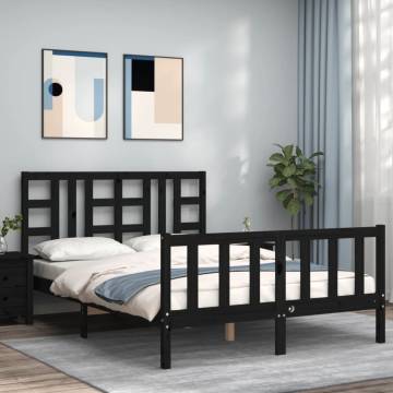 Black Bed Frame with Headboard - Solid Pinewood 140x190 cm