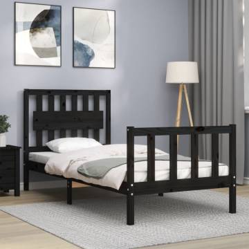 Black Single Bed Frame with Headboard - Solid Pine Wood