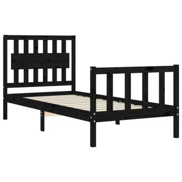 Black Single Bed Frame with Headboard - Solid Pine Wood