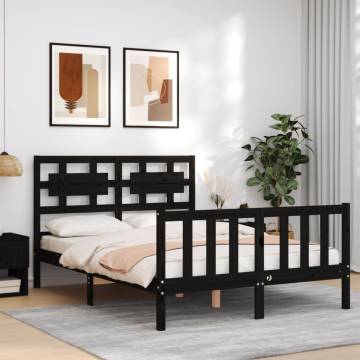 Black Bed Frame with Headboard - 140x190cm Solid Wood