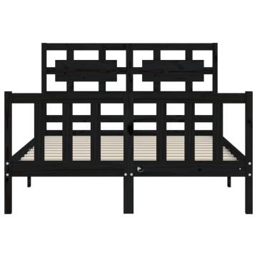 Black Bed Frame with Headboard - 140x190cm Solid Wood