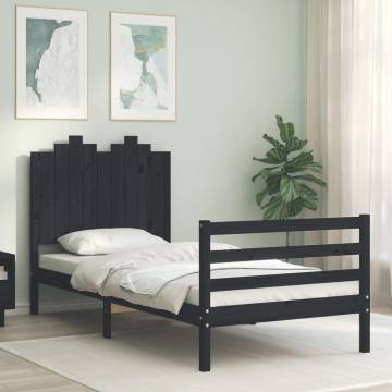 Black Bed Frame with Headboard - 90x200 cm Solid Pinewood