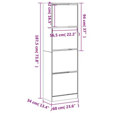 Shoe Cabinet with 4 Flip-Drawers - Sonoma Oak 60x34x187.5 cm