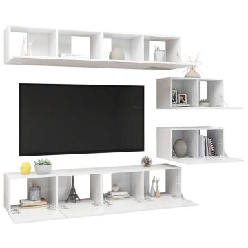 6 Piece High Gloss White TV Cabinet Set - Modern Design