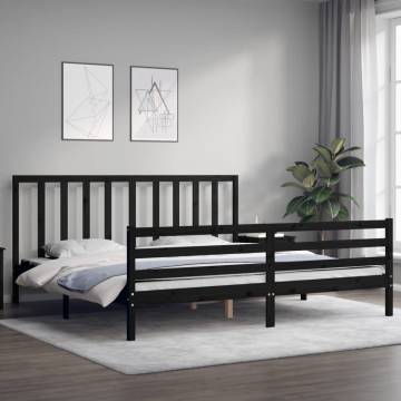 Black Bed Frame with Headboard - Solid Wood 200x200 cm