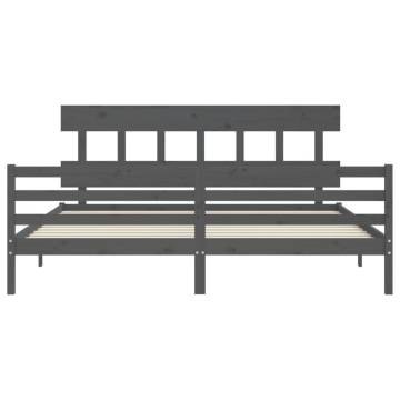 Stylish Grey Bed Frame with Headboard - 200x200 cm Solid Wood