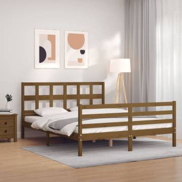 Honey Brown King Size Bed Frame with Headboard - Solid Wood