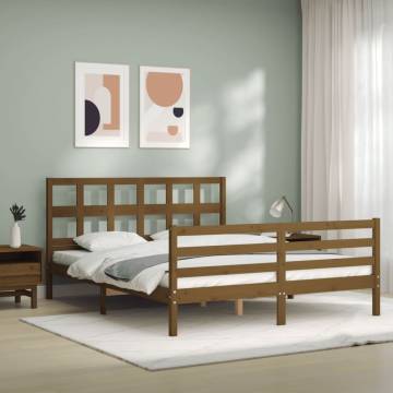 Honey Brown King Size Bed Frame with Headboard - Solid Wood