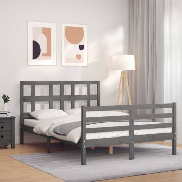 Grey Bed Frame with Headboard 140x190 cm | Solid Wood