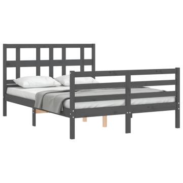 Grey Bed Frame with Headboard 140x190 cm | Solid Wood