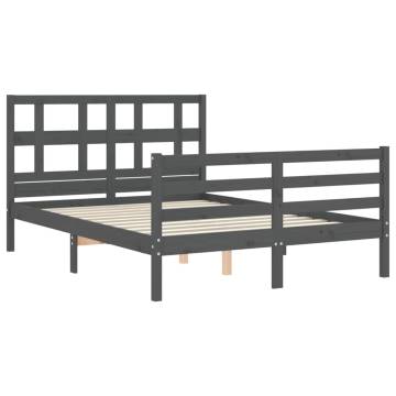 Grey Bed Frame with Headboard 140x190 cm | Solid Wood