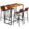 Bar Set 5 Pieces Solid Reclaimed Wood and Genuine Goat Leather Number of 4 