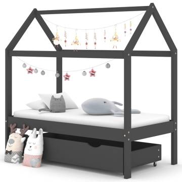 Kids Bed Frame with Drawer - Dark Grey Pine Wood 70x140cm