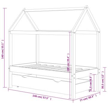 Kids Bed Frame with Drawer - Dark Grey Pine Wood 70x140cm