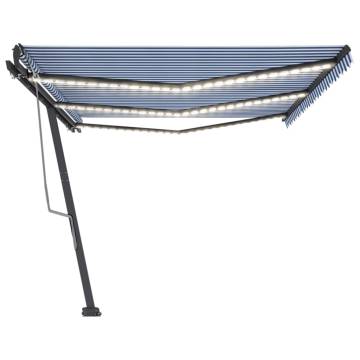 Manual Retractable Awning with LED - 600x300 cm - Blue & White