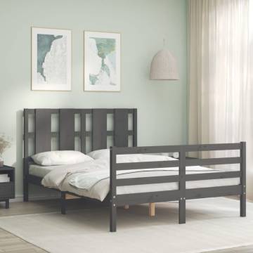 Grey Bed Frame with Headboard - Solid Pine Wood 140x190 cm