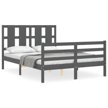 Grey Bed Frame with Headboard - Solid Pine Wood 140x190 cm