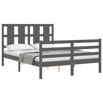 Grey Bed Frame with Headboard - Solid Pine Wood 140x190 cm