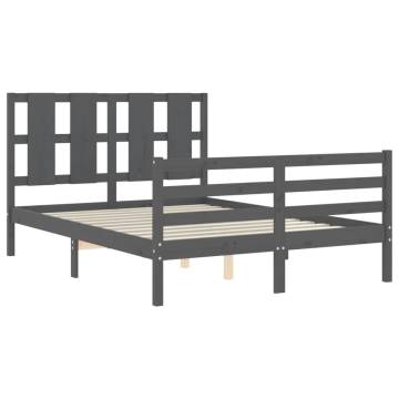 Grey Bed Frame with Headboard - Solid Pine Wood 140x190 cm