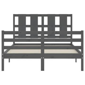 Grey Bed Frame with Headboard - Solid Pine Wood 140x190 cm