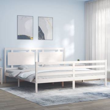 Stylish White Bed Frame with Headboard - 200x200 cm Solid Wood