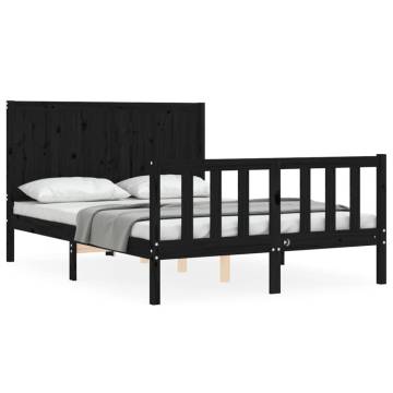 Black Bed Frame with Headboard - 140x200 cm Solid Wood