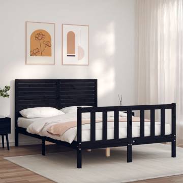 Black Bed Frame with Headboard - 140x190 cm Solid Wood