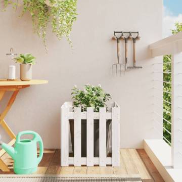 White Garden Planter with Fence Design - Solid Pine 50x50x50 cm