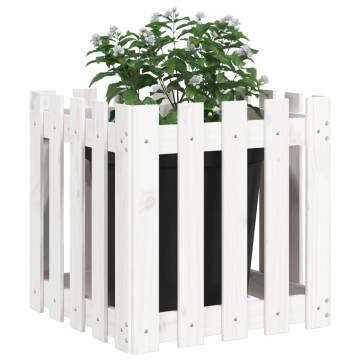 White Garden Planter with Fence Design - Solid Pine 50x50x50 cm