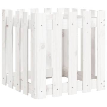 White Garden Planter with Fence Design - Solid Pine 50x50x50 cm