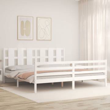 Stylish White Bed Frame with Headboard - 200x200 cm Solid Wood