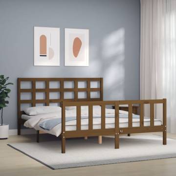 Honey Brown King Size Bed Frame with Headboard - Solid Wood