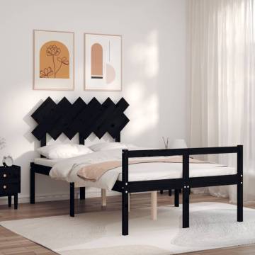 Stylish Black Double Bed Frame with Headboard - Solid Pine Wood