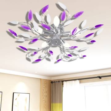 Purple & White Ceiling Lamp - Acrylic Leaf Arms for E14 Bulbs