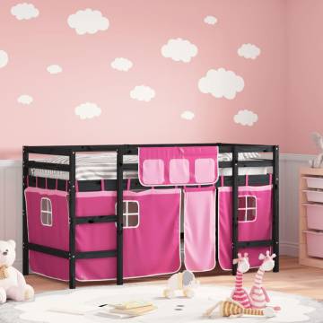 Kids' Loft Bed with Pink Curtains - Solid Pine Wood 80x200cm