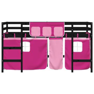 Kids' Loft Bed with Pink Curtains - Solid Pine Wood 80x200cm