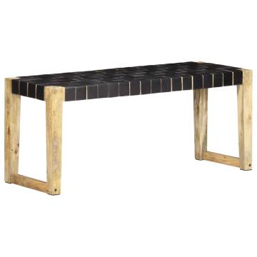 Black Real Leather & Mango Wood Bench - 110 cm | Hipomarket