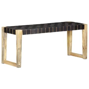 Black Real Leather & Mango Wood Bench - 110 cm | Hipomarket